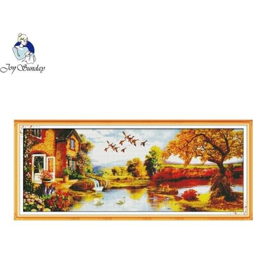 Joy Sunday Golden Scenery Pattern Printed Canvas Counted Chinese Cross Stitch Kit Printed Cross-stitch Set Embroidery Needlework