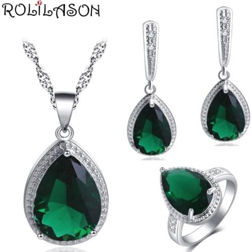 ROLILASON 2018 New Set Water Drop Design Green Zircon For girl Earrings Necklace Rings Jewelry Sets JS738