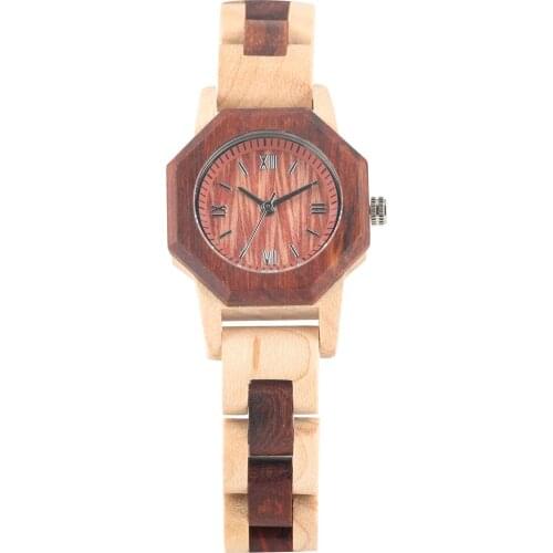 Quartz Wooden Watch for Women Wood Strap with Folding Clasp Wristwatches for Ladies Roman Numerals Dial for Girls