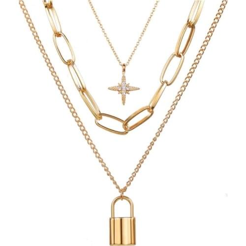 Fashion necklace chains lock charm choker for women multi-layer collares collar necklaces collier Clavicle chain