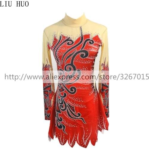 LIUHUO Competition Figure Skating Dress Womens Girls' Ice Skating Dress Roller skating long sleeve Adults Kids Stand collar Red