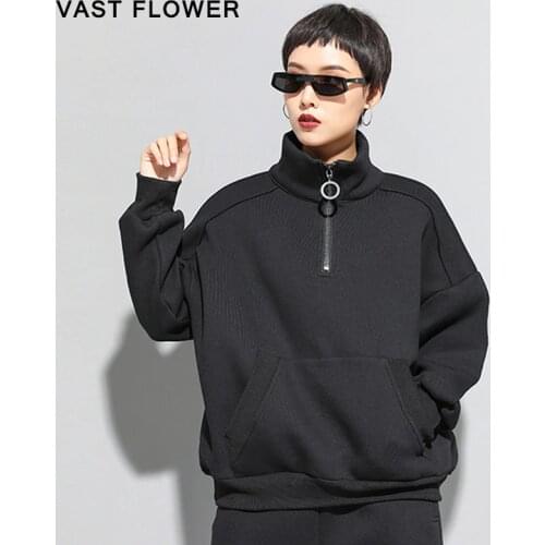 Oversize Sweatshirts Women Stand Collar Pullover Black Pocket Zipper Plus Size Thicken Fashion Loose Clothes Autumn Winter 2021