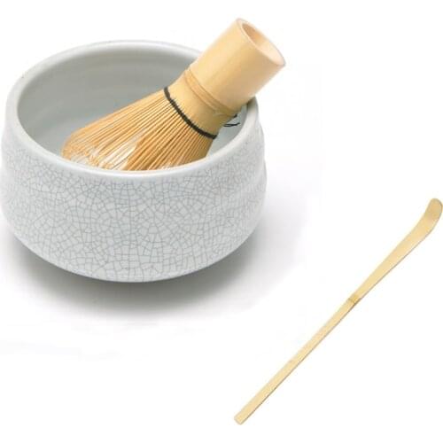 Retro Crackle Style 18 OZ Artistical White Matcha Green Tea Chawan Bowl and Bamboo Whisk Scoop Traditional Ceremony Starter Kit