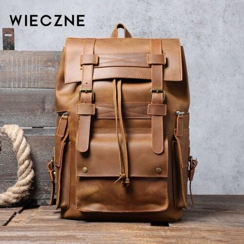S.WORKER Genuine Leather Mens Backpack Large Capacity Vintage Paratroopers Package Crazy Horse Cowhide Travel Bags Retro Style