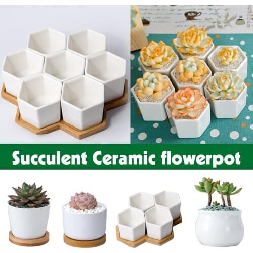 Hexagon Flowerpots With Bamboo Stand White Ceramic Succulent Plant Pot Small Bonsai Flower Pots Green Planters Home Office Decor
