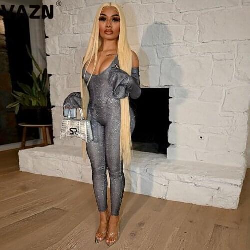 VAZN 2020 Top Quality Novelty Sexy Club Plus Size Solid Off Shoulder Full Sleeve High Waist Women Skinny Pencil Jumpsuits