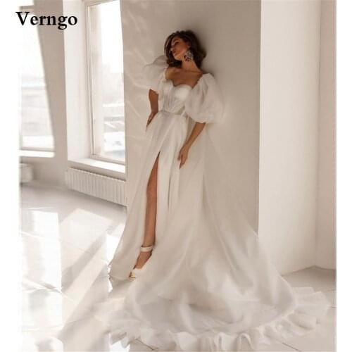 Verngo New Design 2021 A Line Organza Wedding Dresses Puffy Sleeves Sweetheart Pleats Side Slit Sweep Train Bridal Dress Custom
