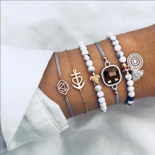 ZV 10Pcs Square Section Style Bracelet for Women Summer Beach Turtle Chain Heart Bracelet Beads Rope Party Gift for Best friends