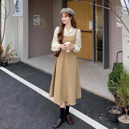 Office Lady One Piece Dress Korean Long Sleeve Elegant Pure Color Midi Women Thin High Waist Party Dress Female FashionAutumn