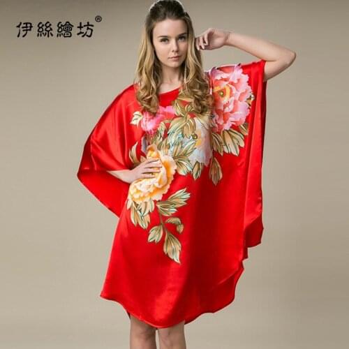 Red Print Large Floral Silk Satin Nightgown Dresses Women 21 Summer Long Casual Sexy Office Work Daily Sleeping Dress Plus Size