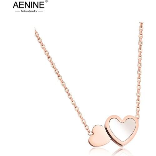AENINE Stainless Steel Sweet Shell Love Double Heart Pendant Necklaces Rose Gold Color Wedding Neckalce For Women Gift AN17068