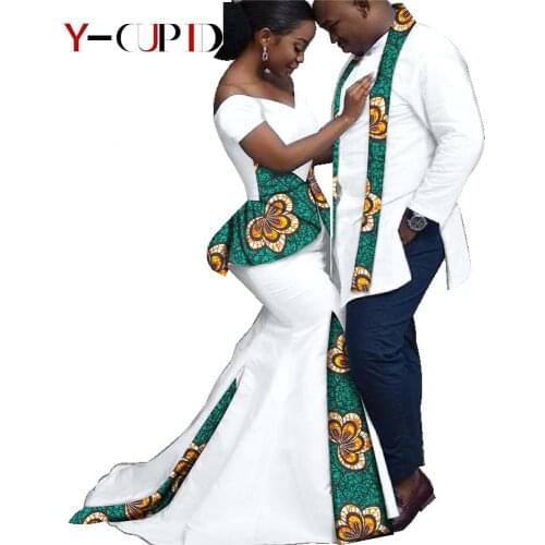 African Clothes for Couples Women Patchwork Ankara Long Mermaid Dresses Vestidos Matching Men Shirt with Print Scarf YS20C013