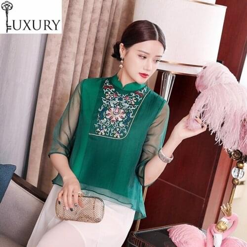 Summer Blusas Feminino 2020 Fashion Blouses Women Vintage Embroidery 3/4 Sleeve Green Apricot Tops Female Elegant Blouse Shirt