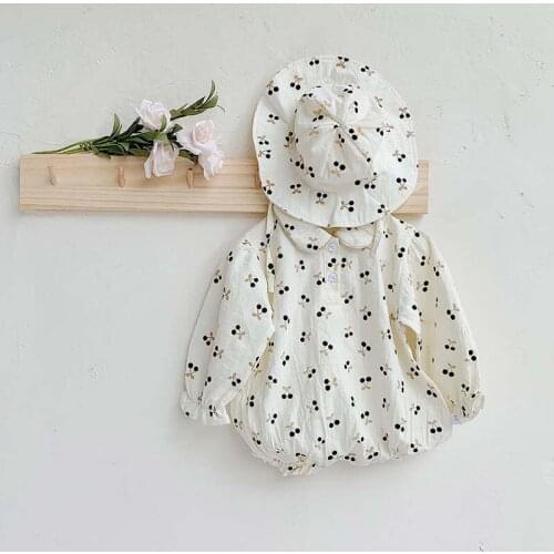 Newborn Baby Girl Bodysuit Autumn Long Sleeve Floral Cherry Print Jumpsuit With Hat 2pcs Baby Clothes Outfits