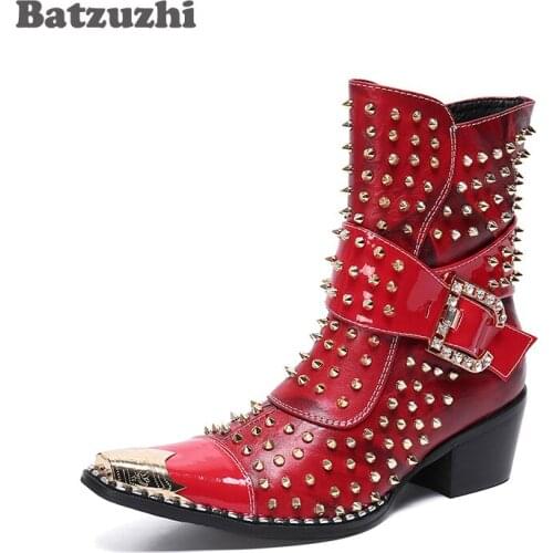 Batzuzhi 6.5cm High Heels Boots Men Rock Rivets Short Ankle Boots Men Punk Motorcycle/Party Botas Hombre, Size 38-46