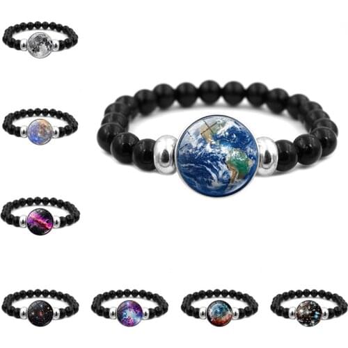 Galaxy Astronomy Glass Snap Button Bracelets Men Women Fashion Galaxy Solar System Earth Moon Mars Black Beads Strand Bracelet