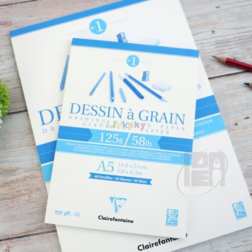 Clairefontaine White Grained Drawing Paper Glued Pad, 125 g, 40 Sheets,suitable for drawing with pencil, charcoal, ink and more
