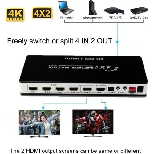 HDMI 2.0 Matrix 4X2 4K 60Hz Support EDID ARC HDR,1080P HDMI Audio Video Switch Splitter Converter for PS4 DVD PC To 2 TV Monitor