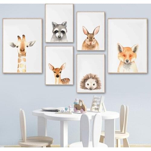 Sika Deer Rabbit Hedgehog Giraffe Raccoon Fox Wall Art Canvas Painting Nordic Posters And Prints Wall Pictures Kids Room Decor