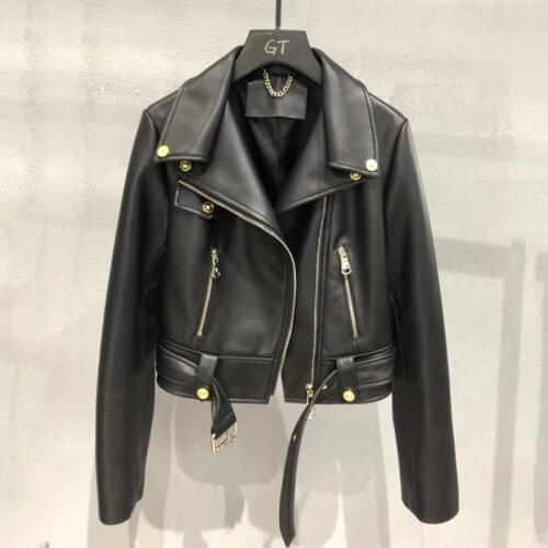 Genuine Leather Jacket Women Clothes Spring Short Length Locomotive Model High Quality Real Sheepskin Coat Turn-Down Collar