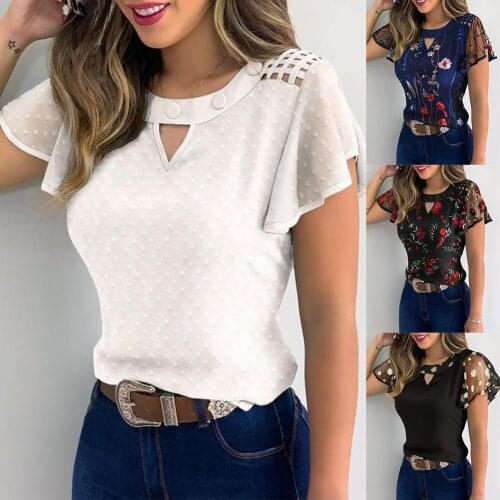 Women Hollow Out Ruffled Sleeve Marguerite Floral Embroidered Shirt T-shirt Top Women clothing женские футболки 2020