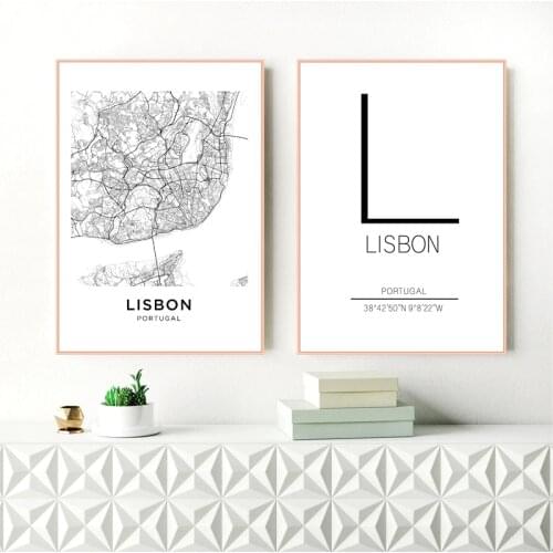 Lisbon City Map Poster Art Decor Canvas Prints , Black And White Portugal Lisbon Canvas Painting Wall Pictures Modern Home Decor