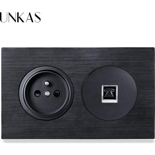 UNKAS 16A French Standard Port + Female RJ11 Telephone Jack Wall Socket 146MM*86MM Black Aluminum Panel Outlet