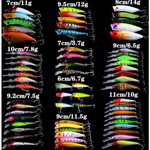 New Arrival 64pcs/lot Fishing Bait Mixed 10 Models Hard Baits High Quality Minnow/Popper/VIB lure mix 64 Colors Fake Fish bait
