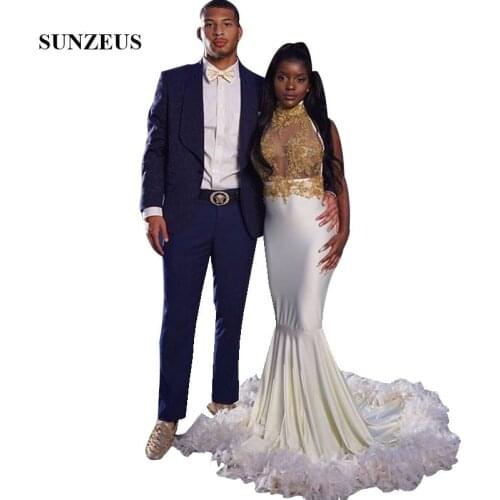 Feathers Sweep Train Prom Dresses Halter Neck Low Back Party Gowns Mermaid Long Ivory Forml Dress With Gold Appliques