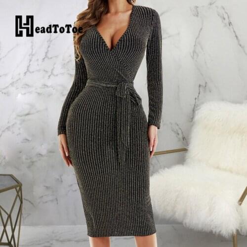 Solid Ribbed Glitter Sashes OL Elegant Dresses for Women Full Sleeve V Neck Knee Length Slim Elastic Dress Women