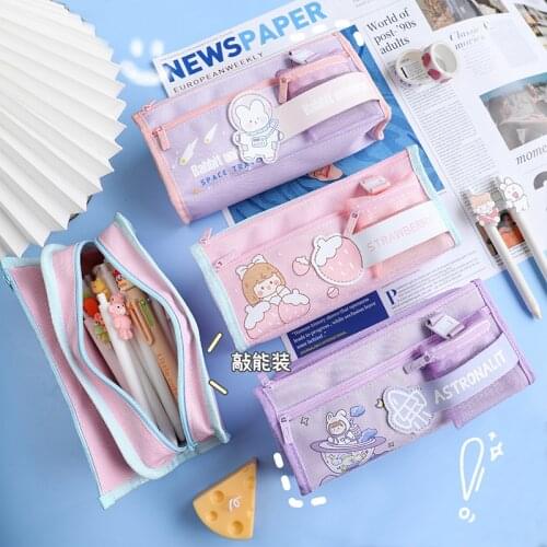 Portable canvas pencil case School supplies storage bag Double layer pencil bag student pen bag cute pen case kid Stationery bag