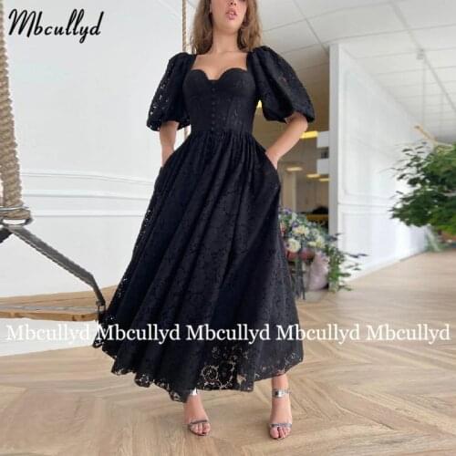 Simple Black Short Prom Dresses 2021 Lace Puff Sleeve A-Line Wedding Party Dresses Open Back Tea-Length Formal Gowns