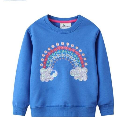 Jumping Meters Girls Long Sleeves Blue Rainbow Sequins Pattern Round Neck Sweatshirts Autumn Childrens Casual Clothing 2-7Years