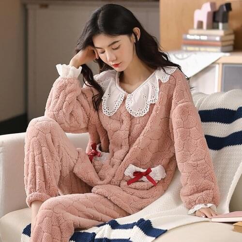 Warm Flannel Pajamas Set For Women Sleepwear Cartoon Animal Pyjama Women Full Sleeve Nightwear Top+pants 2pcs Home Clothes pjs