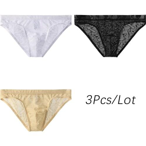3Pcs/lot Low Waist Men Underpants Panties Mens Briefs Sexy Lace Transparent Breathable Underwear Panty Mens Slips Hombre Cuecas