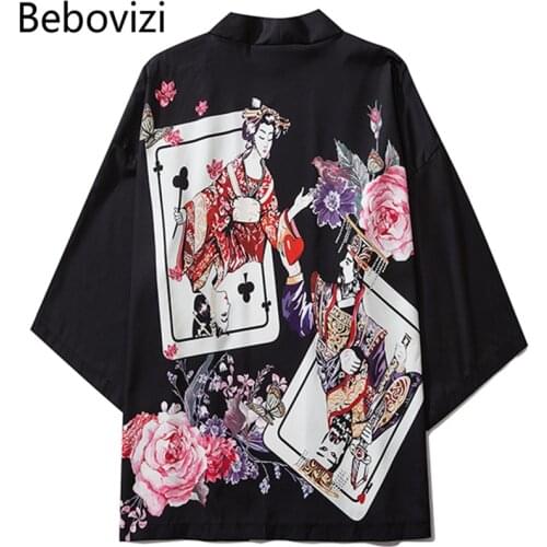 Bebovizi 2020 Women Casual Playing Cards Print Shirt Clothes Traditional Kimonos Men Asian Japanese Beach Yukata Femme