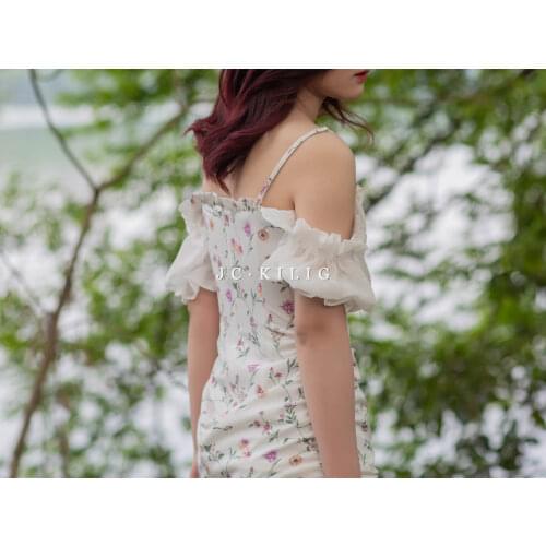 JC·KILIG French Design Side Drawstring Lace Up Off Shoulder Floral Suspender Skirt D049123
