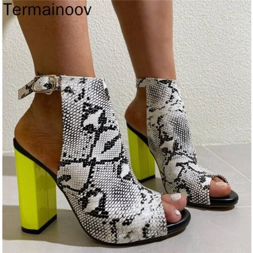 Termainoov Women Sandals Female Sexy Chunky Heeled Snake Print Thick Heel High Heel Fashion Buckle Sandals