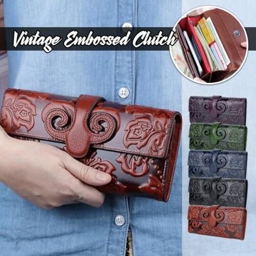 Retro Embossed Womens Clutch Premium Genuine Oil Waxing Leather Unique Embossed Floral Woman Purse Long Cover Style Wallets