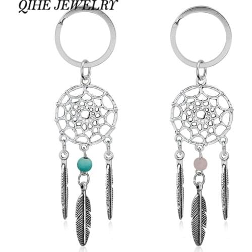 QIHE JEWELRY Gift Pink Black Beads Dreamcatcher Feather Wind Chimes Dream Catcher Key Chain Women Vintage Indian Style Keychain