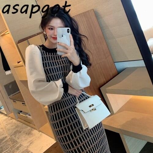 Vintage Patchwork O Neck Lantern Sleeve Plaid Dress Women Temperament Slim Waist Long Sleeve Vestido Feminino Autumn Fashion