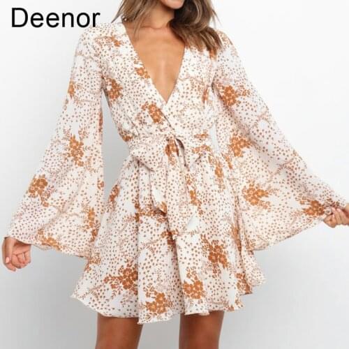 Deenor Mini Dress for Women Elegant V-neck a Line Dress Beach Femme Sexy Flared Sleeve Print Dress Summer Womens Dress