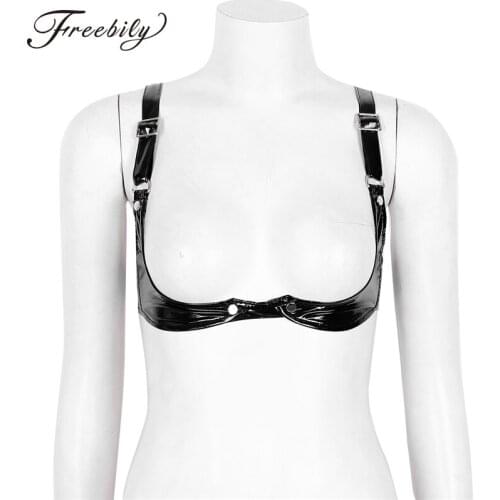 Womens Sexy Lingerie Bras for Nightclub Hot Erotic Wetlook Faux Leather Open Cup Bra Top Women Underwear Sex Clothes