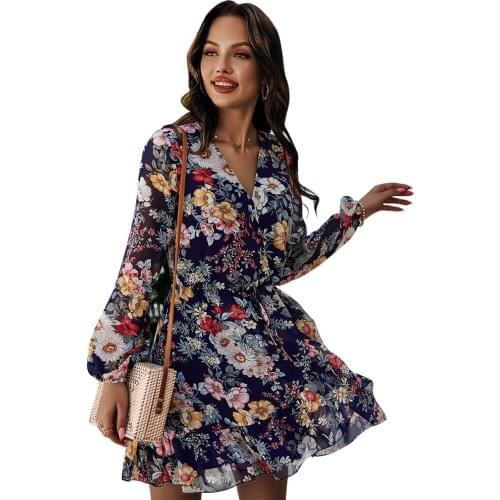 Womens 2021 Spring / Summer V-neck Long Sleeve Chiffon Print Dress Maternity Dresses Pregnancy Clothes