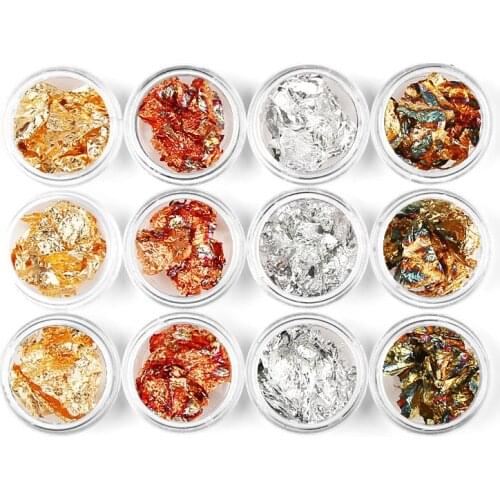 12 Pots Gold Silver Glitter Nail Foil Sticker Gel Adhesive Glue Image Transfer Paillette Flake Full Cover Laser Decal Decoration