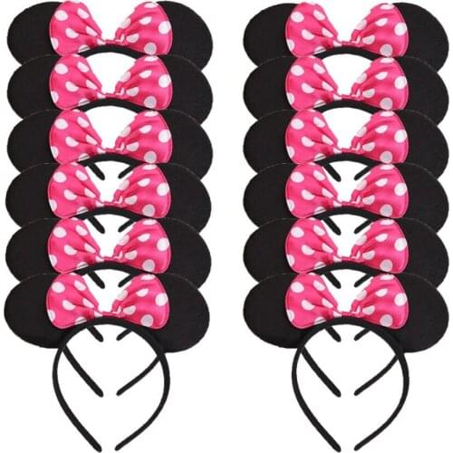 12pcs Minnie Ears White Polka Dot Rose Hot Pink Bow Headbands Hallowee Birthday Party Favors Kids Girls Boys Hair Accessories