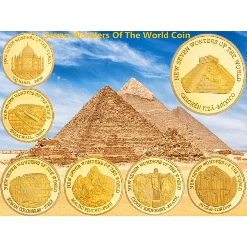 DHL free shipping 70pcs/lot 24k Gold Plated Metal Coin New Seven Wonders of Wolrd Challenge Gold Coins