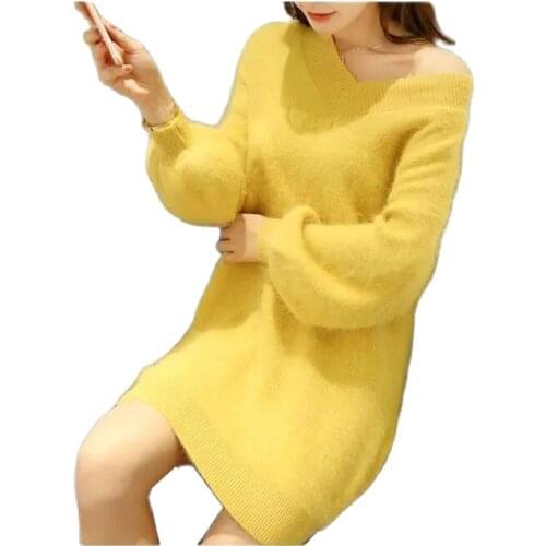 Spring Autumn Knitted Sweater Ladies Jacket Imitate Mink Sweater Female Hedging Loose V-Neck Fashion Mid-Long Women Base Shirt