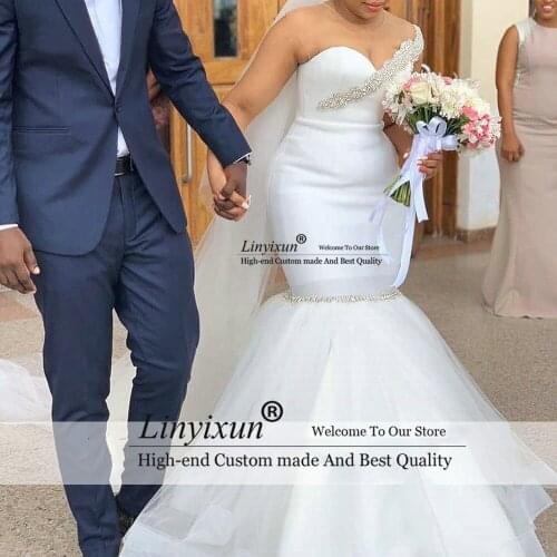 Elegant Mermaid Wedding Dress 2021 African Sexy O Neck Illusion Back vestido de noiva Beading Crystal Plus Size Bride Dresses