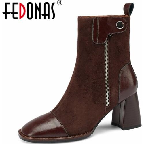 FEDONAS Kid Suede Leather Rivets Women Ankle Boots Retro Classic Office Ladies Casual High Heels 2021 Autumn Winter Shoes Woman